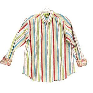 Robert Graham Mens XL Striped Embroidered Paisley Flipped Cuff Statement Shirt